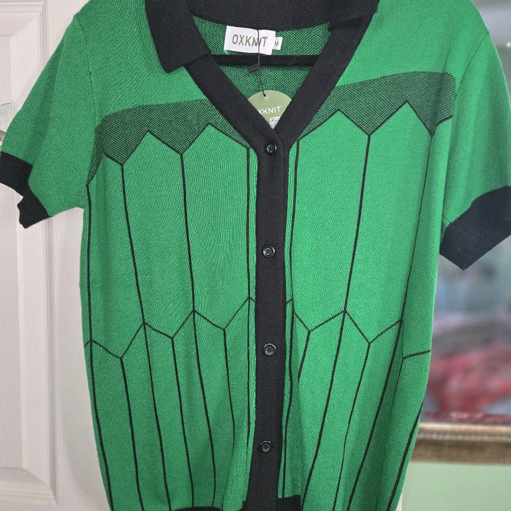 NWT - OXKNIT Green & Black Button Front Knit Cardigan - Picture 3 of 4